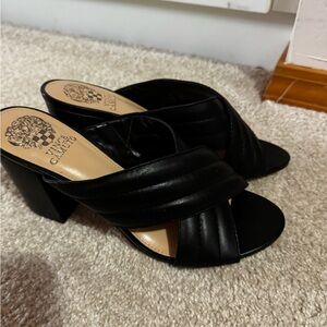 Vince Camuto Black Leather Quilted Crisscross Block Heel Mules